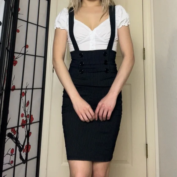 Solar USA | Dark Navy Blue Pinstripe Pinafore Bodycon Pencil Skirt Dress - Picture 3 of 6